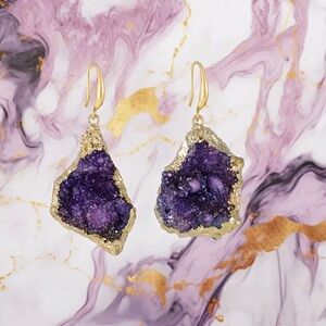 Gold and Purple Geode Drop Earrings